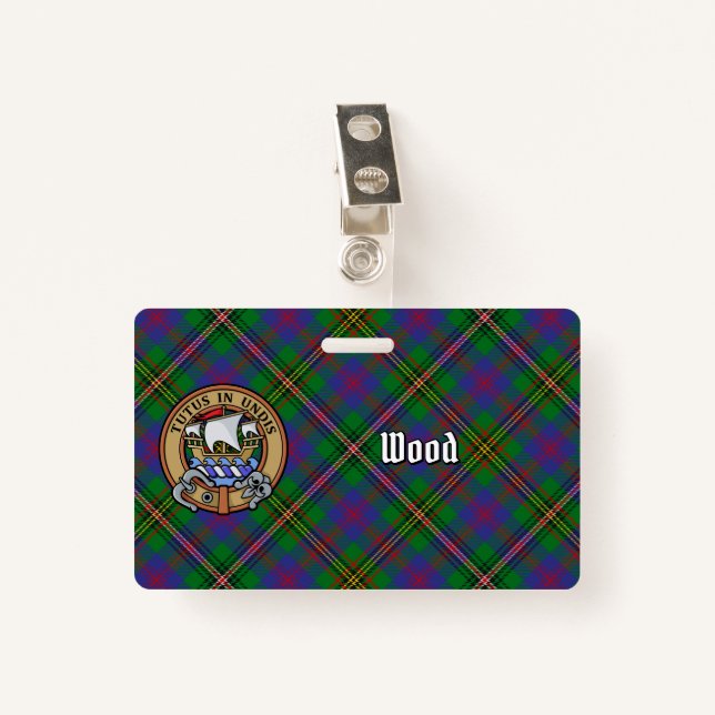 Clan Wood Crest over Tartan Badge (Front with Clip)