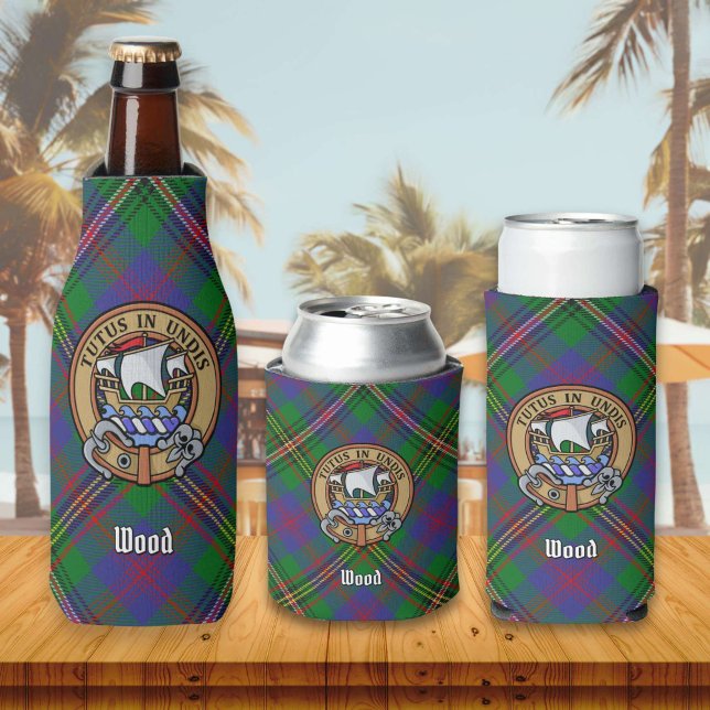Clan Wood Crest over Tartan Bottle Cooler (Creator Uploaded)