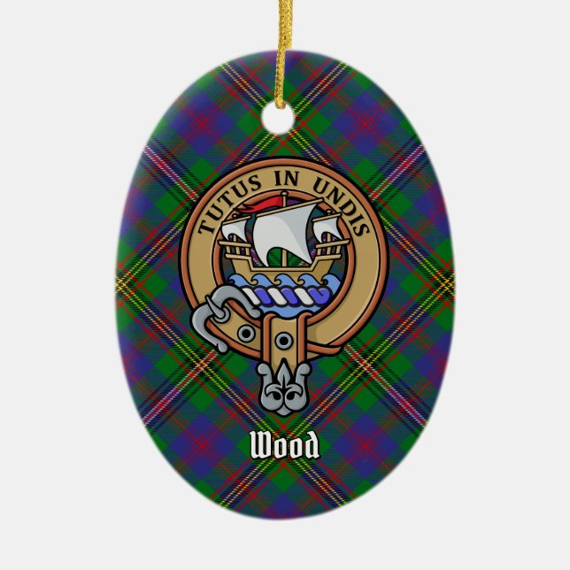Clan Wood Crest over Tartan Ceramic Ornament (Front)