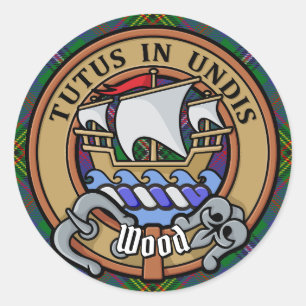 Clan Wood Crest over Tartan Classic Round Sticker