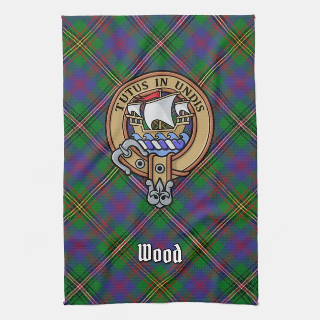 Clan Wood Crest over Tartan Kitchen Towel (Vertical)