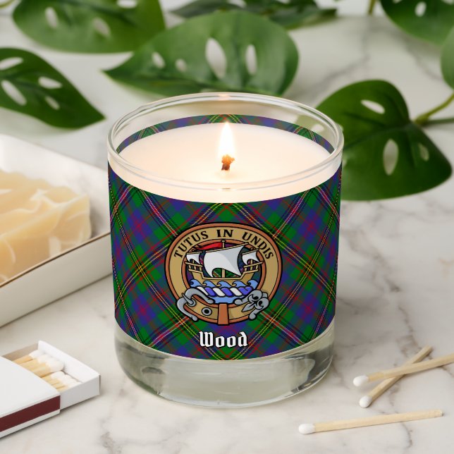 Clan Wood Crest over Tartan Scented Candle (Lit)