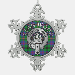 Clan Wood Crest & Tartan Snowflake Pewter Christmas Ornament