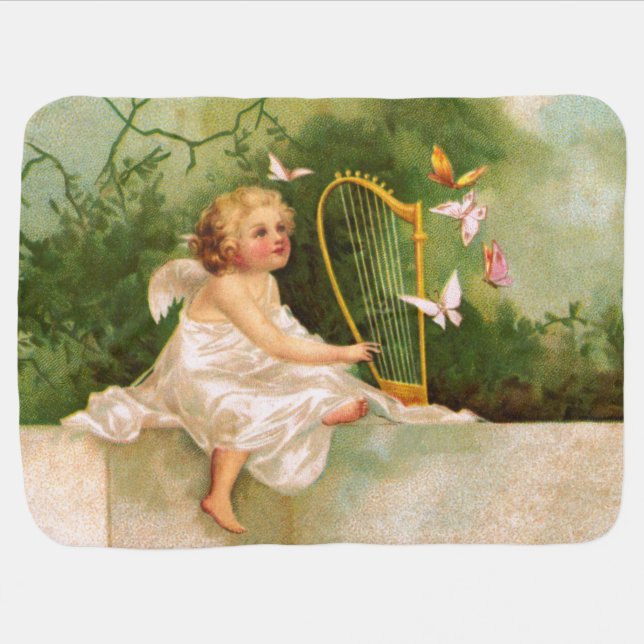 Clapsaddle: Angel Playing Harp Baby Blanket (Horizontal)