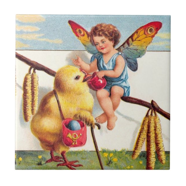 Clapsaddle: Easter Fairy with Chicken Ceramic Tile (Front)