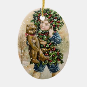 Clapsaddle: Holly Boy With Teddy Ceramic Ornament by vintagechest at Zazzle