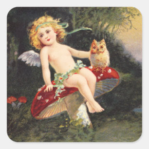 Clapsaddle: Little Cherub on Mushroom Square Sticker