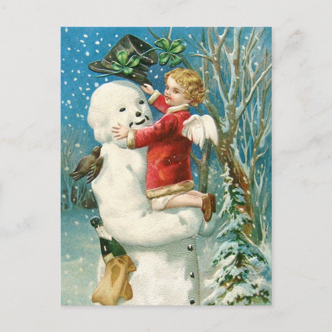 Clapsaddle: Snowman with Angel Girl Postcard | Zazzle