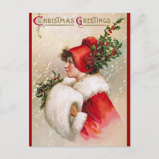Clapsaddle: Winter Girl with Holly Hat Holiday Postcard (Front)