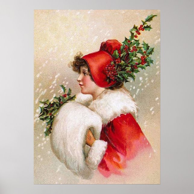 Clapsaddle: Winter Girl with Holly Hat Poster (Front)