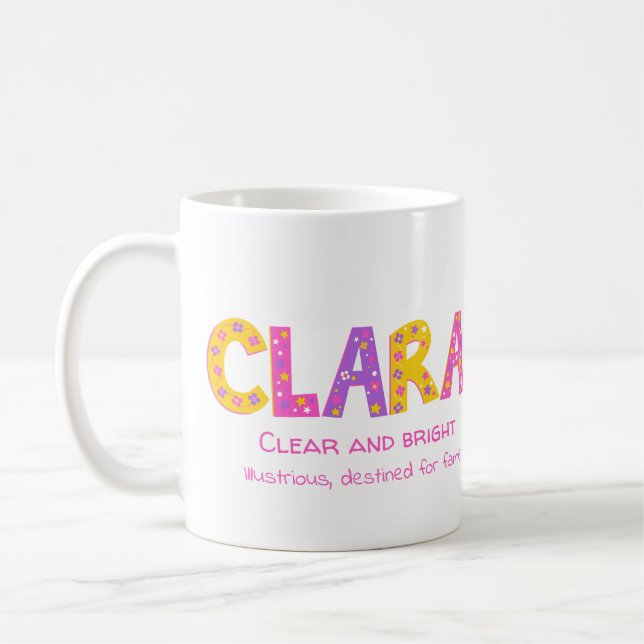 Clara girls name meaning pink purple flower stars coffee mug (Left)