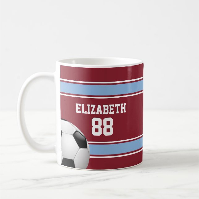 Claret and Blue Stripes Jersey Soccer Ball Coffee Mug (Left)