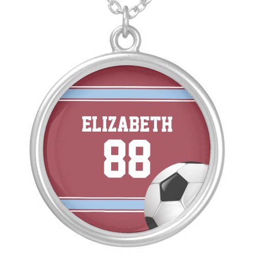 Claret and Blue Stripes Jersey Soccer Ball Silver Plated Necklace