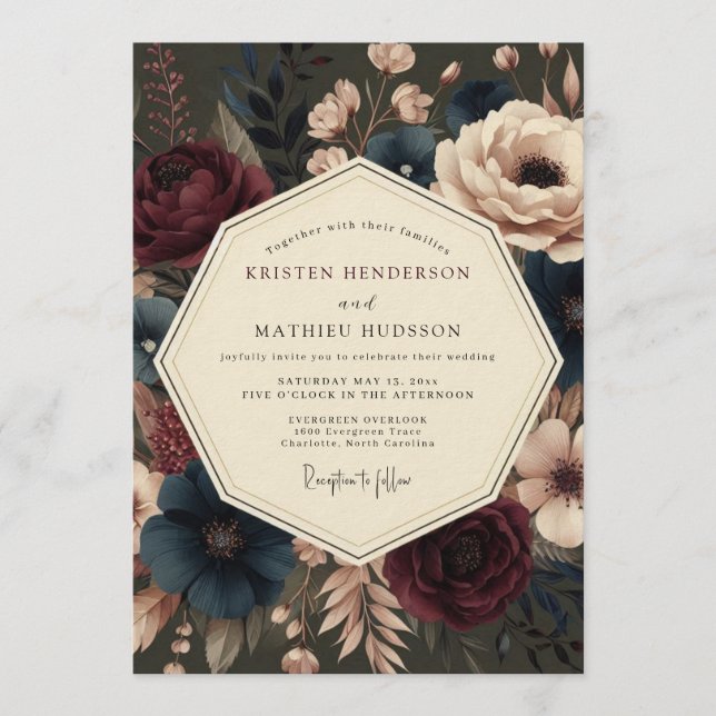 Claret Flourish Bloom Wedding Invitation (Front)