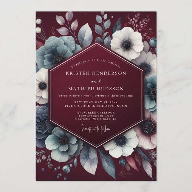 Claret Moody Anemone Wedding Invitation (Front)