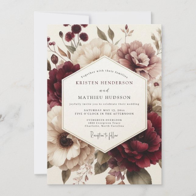 Claret Moody Bloom Wedding Invitation (Front)