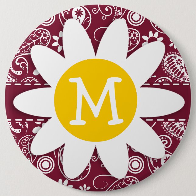 Claret Paisley; Floral; Daisy Pinback Button (Front)