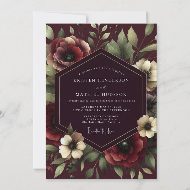 Claret Renaissance Bloom Wedding Invitation (Front)