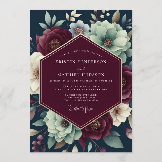 Claret Teal Shadowy Bloom Wedding Invitation (Front)