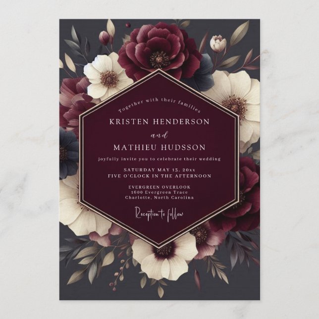 Claret Tenebrous Flora Wedding Invitation (Front)