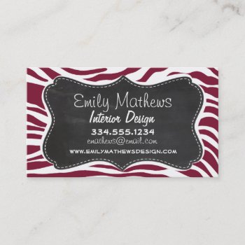 Claret Zebra Stripes Animal Print; Chalkboard Look Business Card by Baby_Shower_Boutique at Zazzle