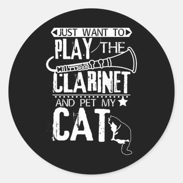 Clarinet And Cat Classic Round Sticker (Front)