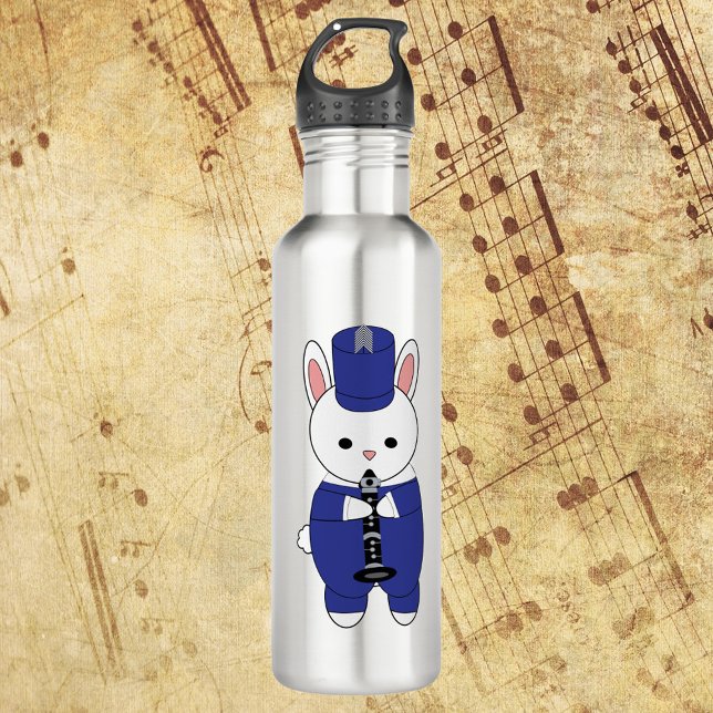 Clarinet Bunny Rabbit Marching Band Blue White Stainless Steel Water Bottle (A water bottle with a white rabbit playing the clarinet in a blue and white marching band uniform.)