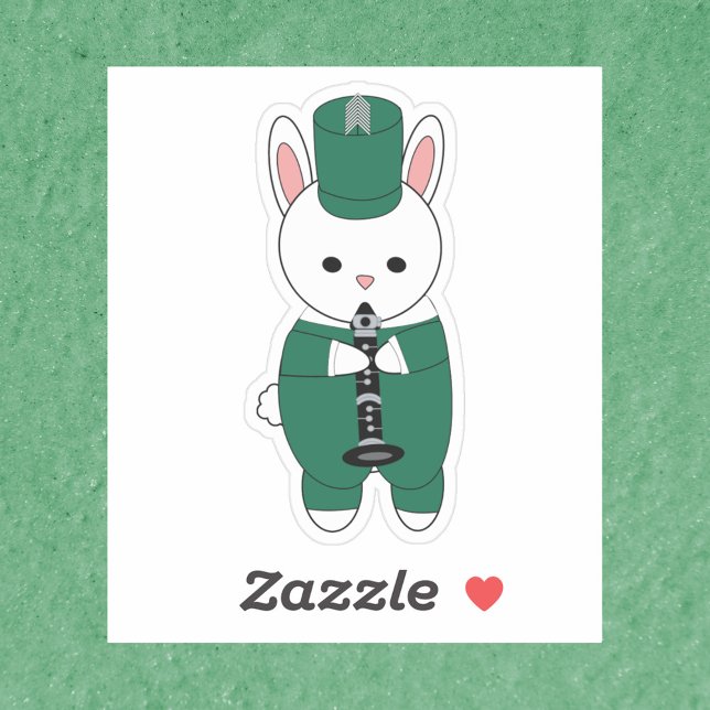 Clarinet Bunny Rabbit Marching Band Green White Sticker (A sticker of a rabbit playing the clarinet in a green and white marching band uniform.)