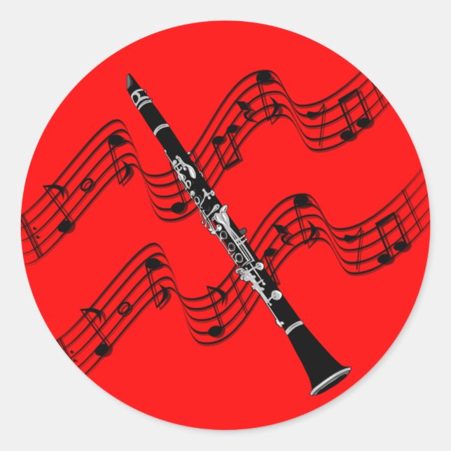 Clarinet, colorful red background, classic round sticker (Front)