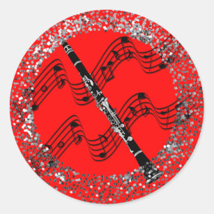 Clarinet, colorful red background,  classic round sticker