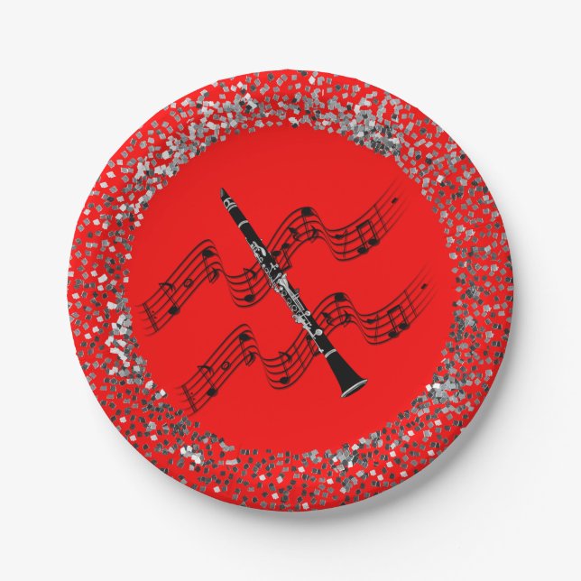 Clarinet, colorful red background,  paper plates (Front)