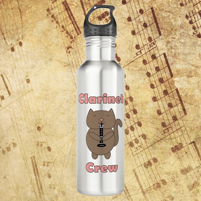 Clarinet Crew Brown Cat Funny Pink Stainless Steel Water Bottle (A water bottle featuring a brown cat playing the clarinet and the words clarinet crew in pink.)