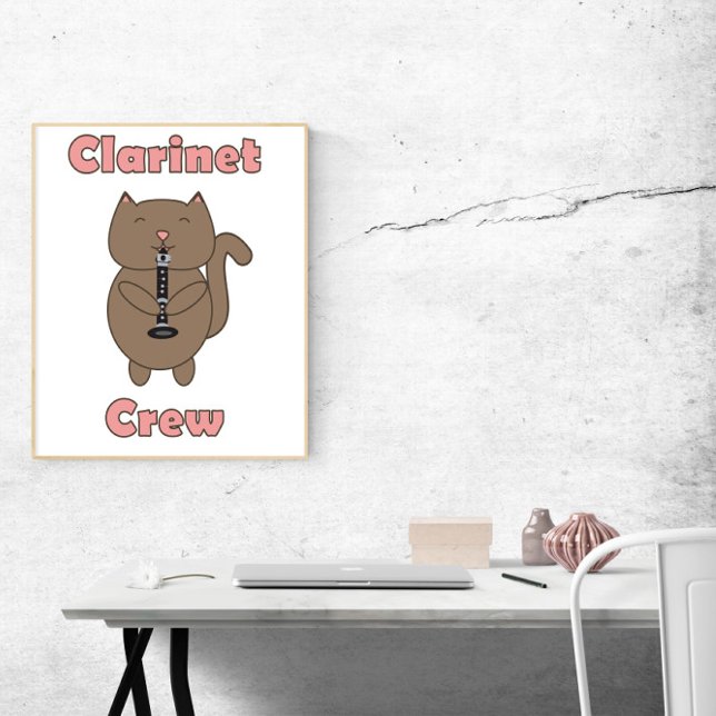 Clarinet Crew Brown Cat Funny Poster (A poster featuring a brown cat playing the clarinet and the words Clarinet Crew in pink.)