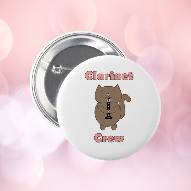 Clarinet Crew Brown Cat Pink Funny Button (A pin back button with a cat playing the clarinet and the words clarinet crew in pink)