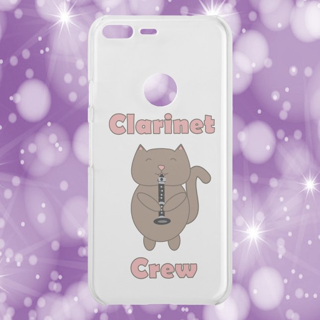 Clarinet Crew Brown Cat Uncommon Google Pixel XL Case (A phone case with a cat playing the clarinet and the words clarinet crew in pink.)