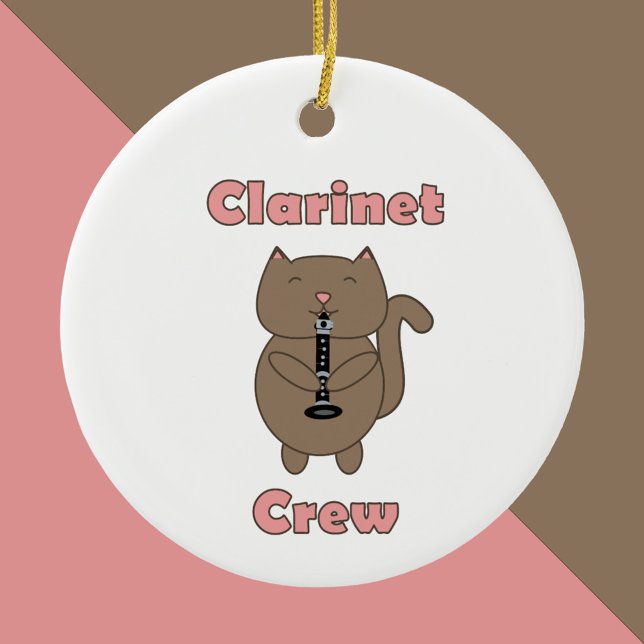 Clarinet Crew Cat Cute Brown Pink Ceramic Ornament (An ornament featuring a cat playing the clarinet and the words clarinet crew in pink.)