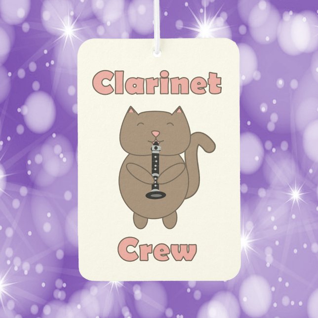 Clarinet Crew Cute Cat Pink Air Freshener (An air freshener with the words clarinet crew in pink and a cute brown cat playing the clarinet.)