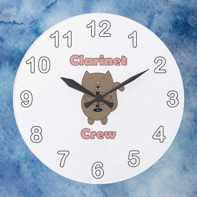 Clarinet Crew Pink Brown Cat Large Clock (A clock with black and white numbers that says clarinet crew with a cat playing clarinet.)