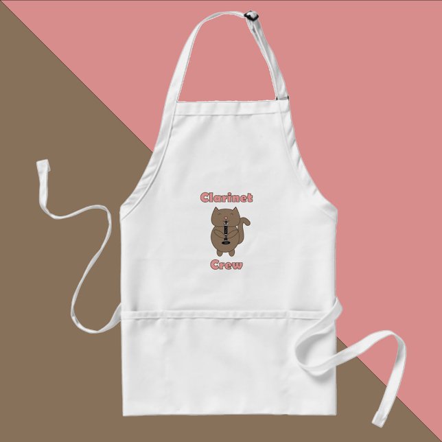 Clarinet Crew Pink Cat Brown Adult Apron (A cute apron that says clarinet crew with a cute clarinet playing cat.)