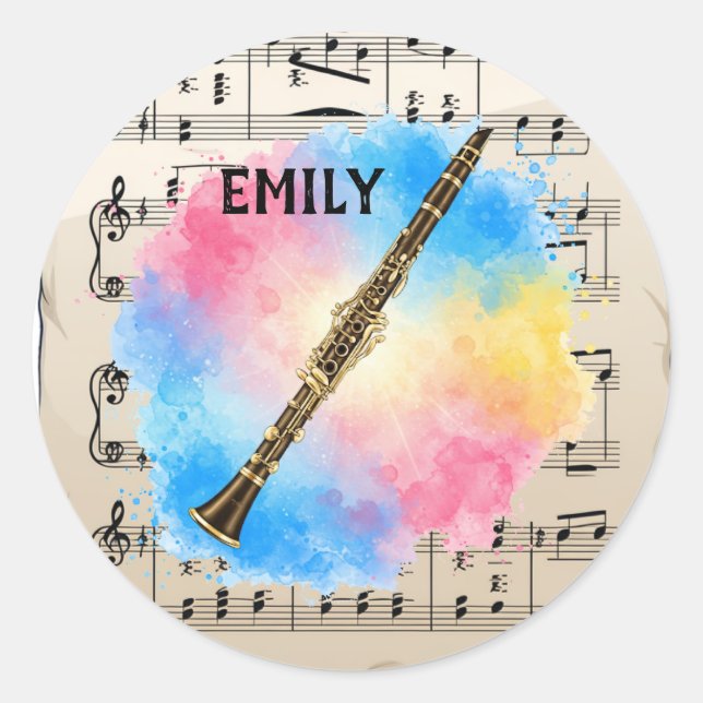 Clarinet Harmony: Colorful Watercolors  Classic Round Sticker (Front)