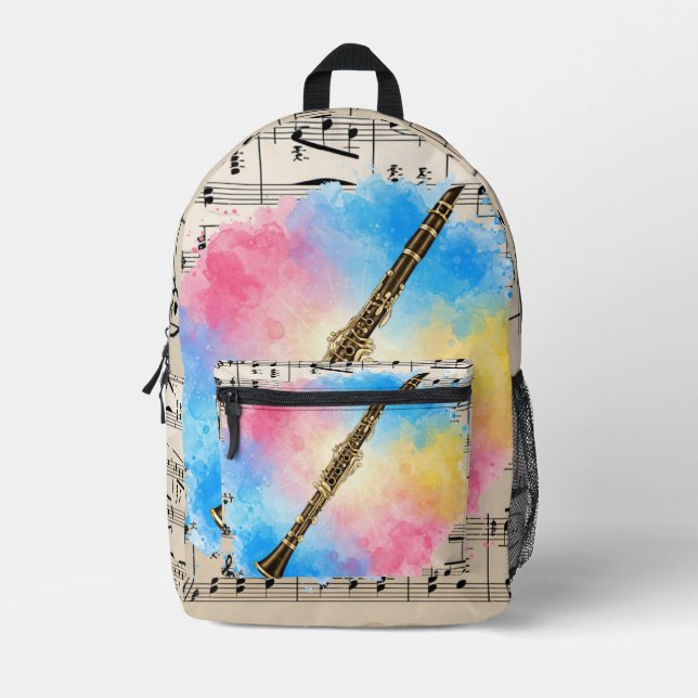 Clarinet Harmony: Colorful Watercolors. Throw Pill Printed Backpack (Front)