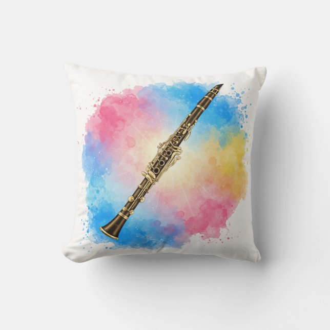 Clarinet Harmony: Colorful Watercolors. Throw Pillow (Front)