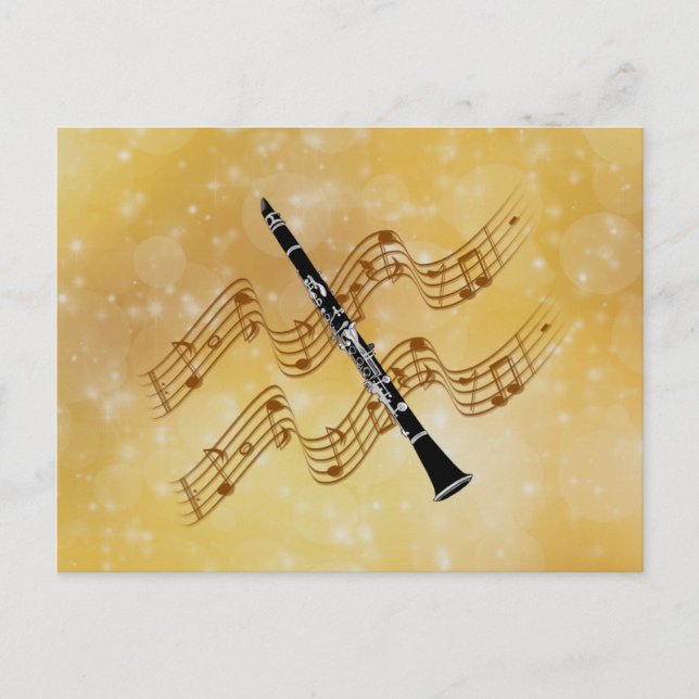 Clarinet, magical golden music postcard (Front)