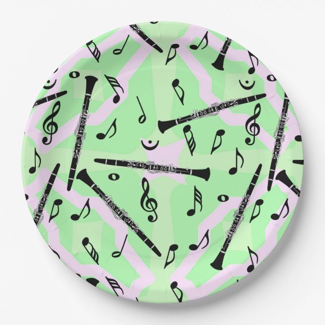 Clarinet Music Note Pattern Paper Plates (Front)