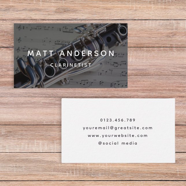 Clarinet Music Sheet Black and White Modern Business Card (Creator Uploaded)