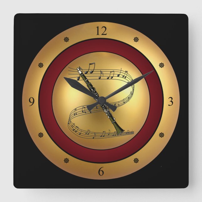 Clarinet ~ Musical Scroll ~ Gold/Maroon/Black Back Square Wall Clock (Front)