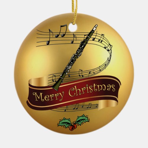 Clarinet  Musical Scroll  Gold Merry Christmas  Ceramic Ornament