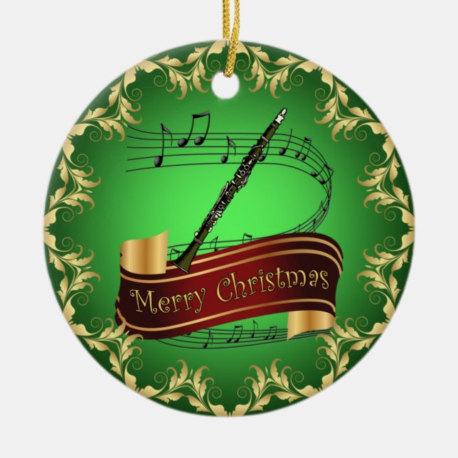Clarinet ~ Musical Scroll ~ Merry Christmas ~  Ceramic Ornament (Front)