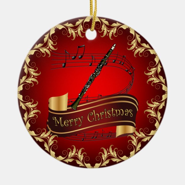 Clarinet ~ Musical Scroll ~ Merry Christmas ~  Ceramic Ornament (Front)