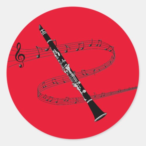 Clarinet on Red Musical Background Classic Round Sticker